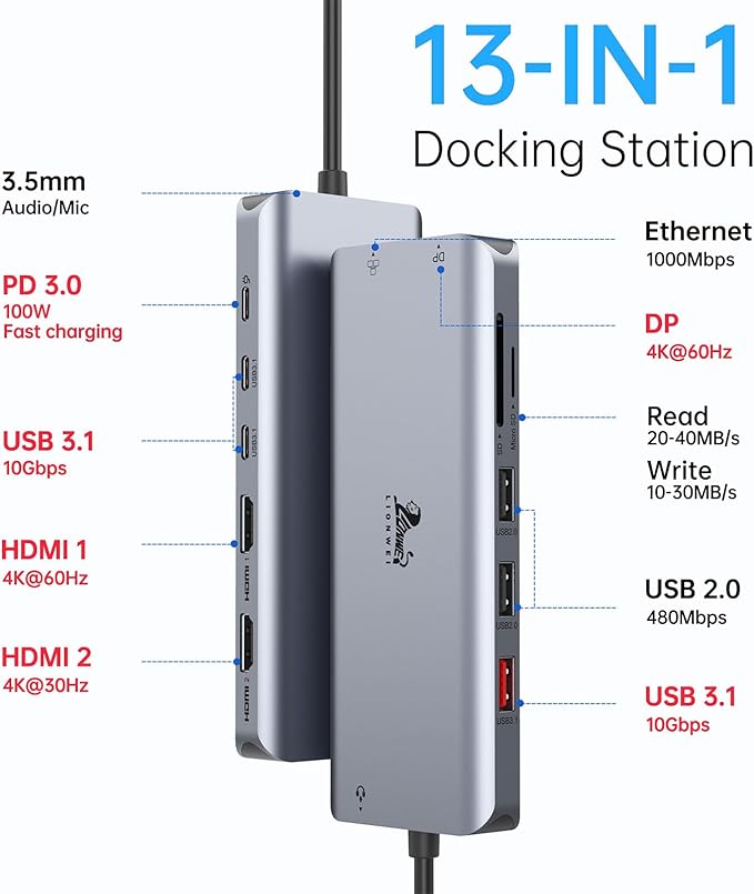 LIONWEI Laptop Docking Station 13 in 1 - Dual HDMI+DisplayPort+10Gbps, 6 USB C/A, 100W PD, Ethernet, SD/TF, Audio, USB C Hub for MacBook/Dell/HP/Surface