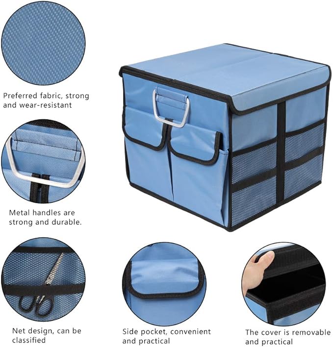 Car Trunk Organizer Collapsible Portable Multi Compartments Organizer with Non Slip Straps for SUV Truck Auto Vehicle Car Auto Minivan (Small covered, Blue)