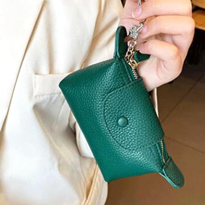 Grass Green Leather Coin Purse with Keychain - Small Zipper Pouch for Women, Mini Wallet for Cash Coins Credit Cards