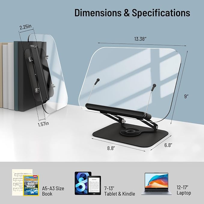 Acrylic Book Stand for Reading Hands Free - Adjustable 360° Rotating Cookbook Holder with Elastic Page Clips & Foldable Base, Multi-Angle Desktop Display Stand for Recipes, Laptops, Tablets, Bibles