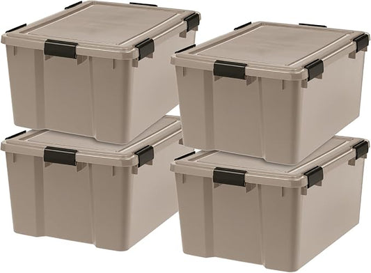 IRIS USA 4-Pack WeatherPro Gasket Box, 63 Quart Weather Resistant Storage Bins with Latching Lids, Heavy Duty Organizing Containers for Closet, Bathroom, and Office - Tan