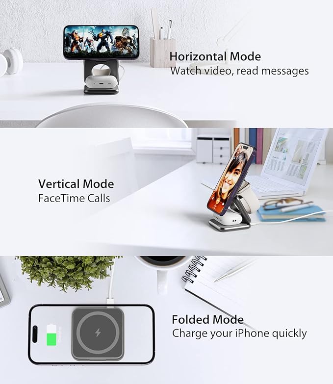Foldable Magnetic Wireless Charger, KU XIU X40 Aluminum Alloy 3 in 1 Charging Station for Apple, Fast Magnetic Charger Stand for iPhone 17 16 15 14 13 12 Series, 5W for iWatch, AirPods 3/2/Pro, Gray
