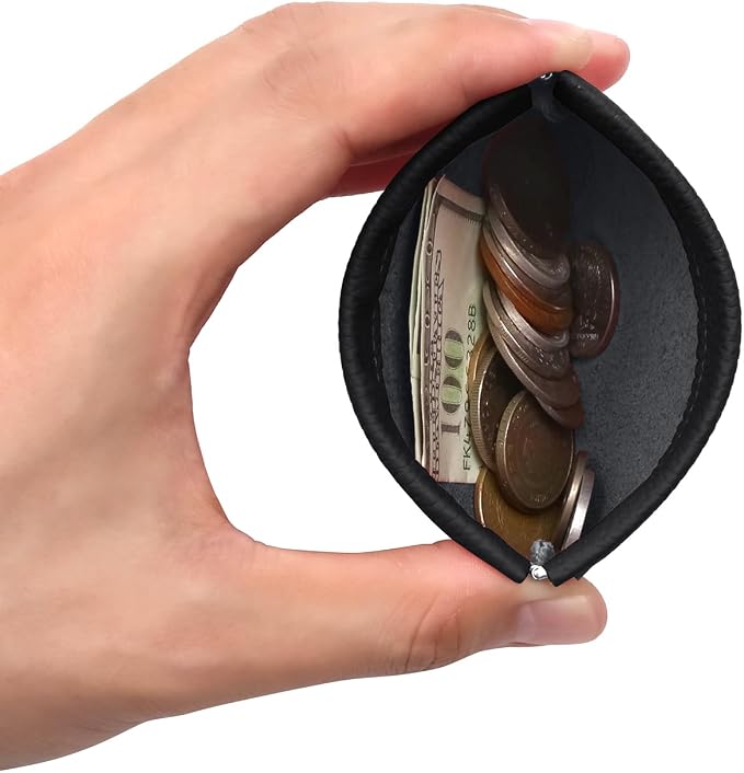 Genuine Leather Squeeze Coin Purse Pouch Change Holder For Men & Women Mini Change Purse Pouch for Pocket, Small Pouch Credit Card Key Headset Lipstick Holder (Black)