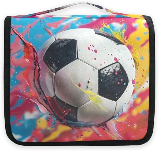 Hanging Travel Toiletry Bag Kit Boys Makeup Case Cosmetics Organizer for Men Women (Soccer Colorful)