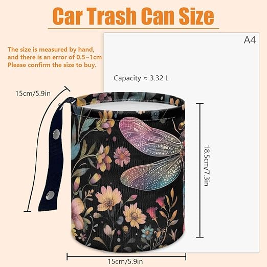 Dragonfly Flower Car Trash Can Waterproof Garbage Can Car-Seat Back Hanging Trash Bag Portable Camping Waste Bin Storage Bag Collapsible Rubbish Container for Cars (5.9" W,7.2" H)
