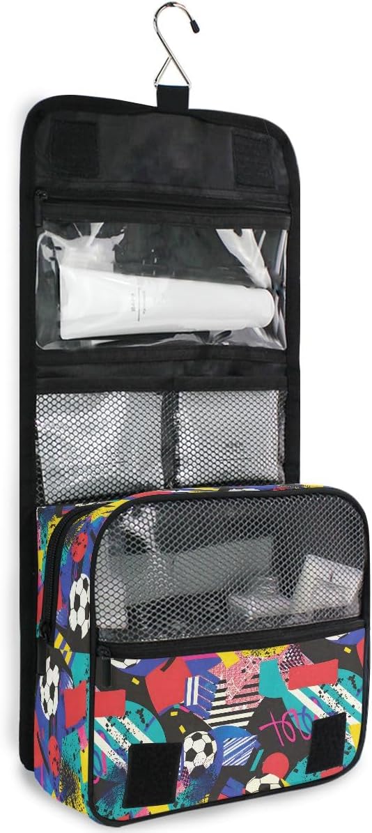 Hanging Travel Toiletry Bag Kit Boys Makeup Case Cosmetics Organizer for Men Women (Inspired Soccer Bright Colors)