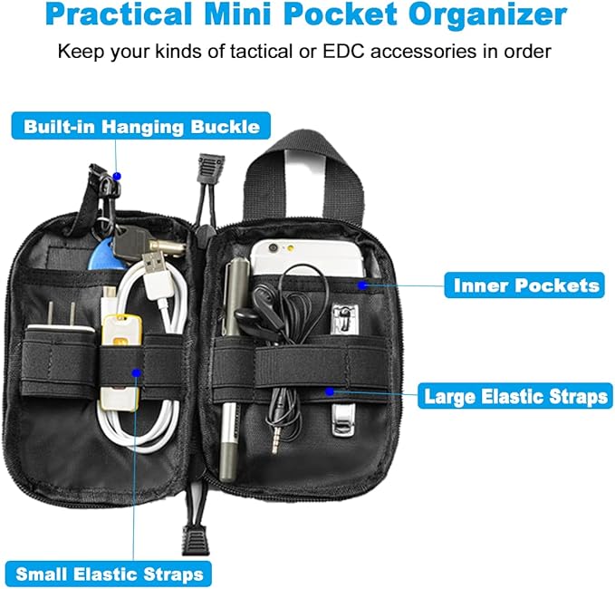 Tactical EDC Pocket Organizer Pouch, Mini Small Tool Storage Pouch Bag Portable Nylon Molle Compatible Military Utility Pouch for Electronic Accessories, Aid Kits, Multitools, Tactical Accessories