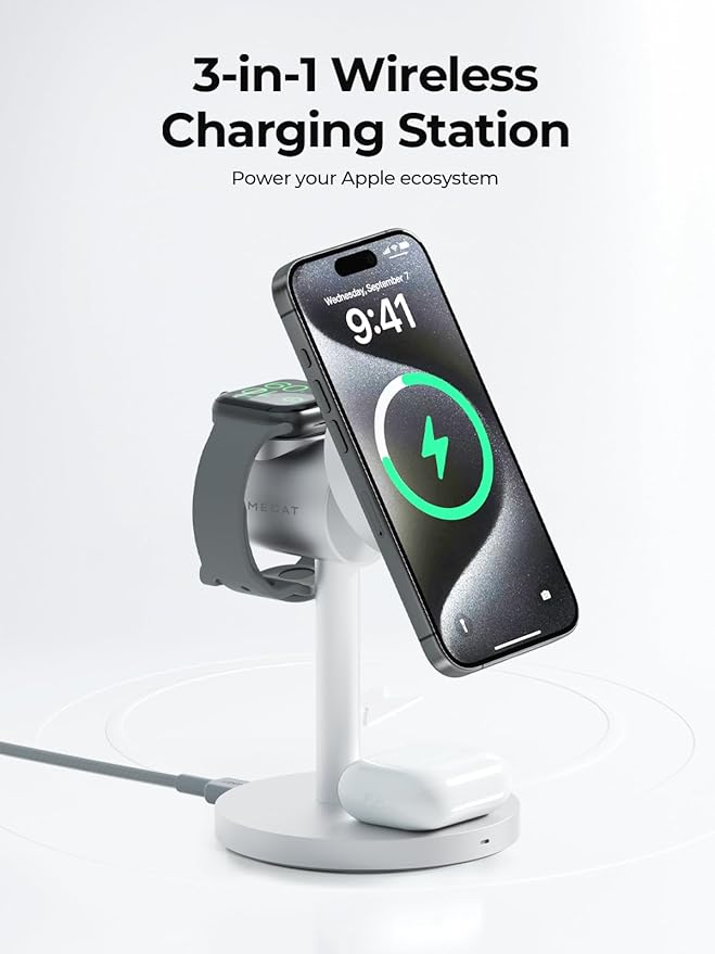 3-in-1 Fast Wireless Charging Station for MagSafe, Qi2 Certified Wireless Charger Stand, Magnetic Charger, MagFusion Wireless Charger for iPhone 17/16/15/14/13/12 Series, Apple Watch, AirPods, Silver