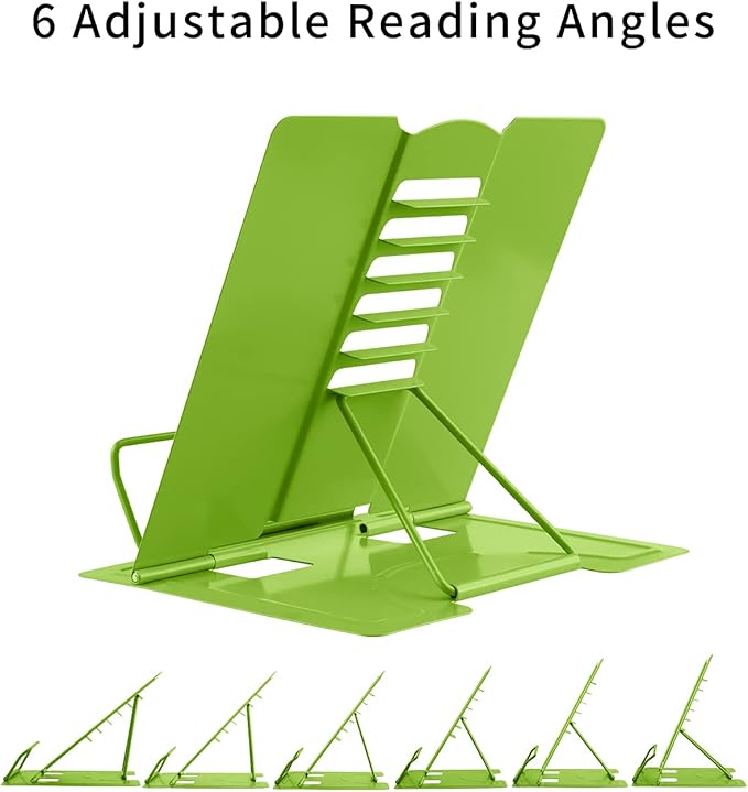 MSDADA Book Stand Metal Reading Rest Book Holder Adjustable Cookbook Documents Holder Portable Sturdy Bookstands for Recipes Textbooks Tablet Music Books with Page Clips (Green)
