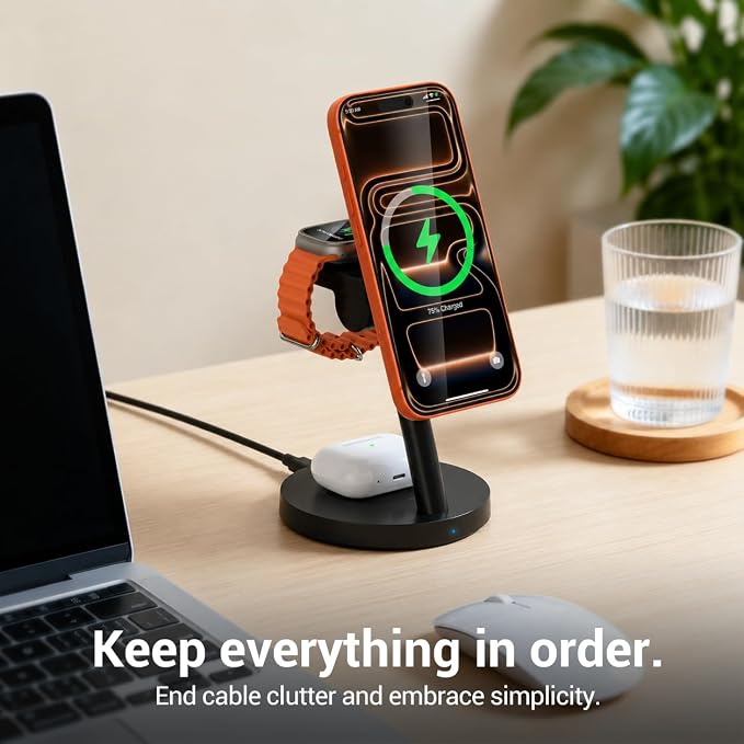 Qi2 25W 3 in 1 Wireless Charging Station for iPhone Samsung | 2-year warranty, MagSafe, strong magnet, 18.5° tilt adjustment, 45W PD adapter, ideal for nightstand office desk travel