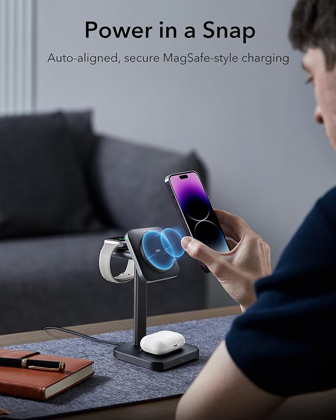 ESR 3 in 1 Wireless Charging Station for Apple[Certified] Portable Apple Watch Charger & MagSafe Charger Stand, Wireless Charger for Multiple Devices iPhone 16/15/14/13/12&Watch&AirPods, Black