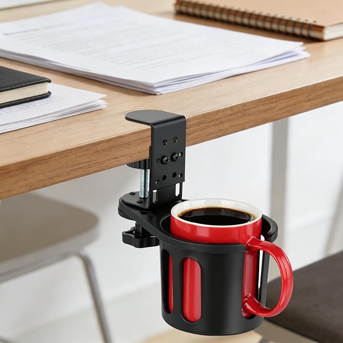 MYITYARD Desk Cup Holder Clamp, Clip On Table Cup Holder, Rotatable Water Bottle Stand Drink Coffee Mug Storage, Office Accessories for Home and School