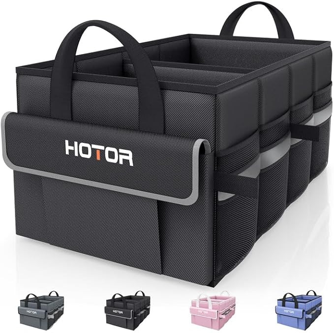 HOTOR Trunk Organizer - Car Organizer with 5 Pockets, Trunk organizer for SUV, Sedan & Van, Car Organization with Sturdy Base Panel for Car Accessories, Black, 2 Compartments, 21.3"×12.6"×10.6"