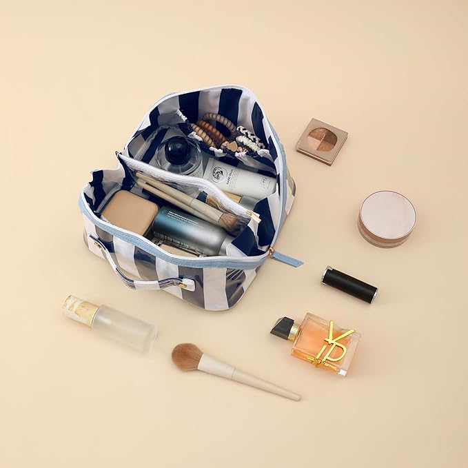 DYSHAYEN Stripe Travel Makeup Bag with Compartments Clear Coated Cosmetic Bag for Women, Waterproof Portable Open Flat Toiletry bag （White-Navy）