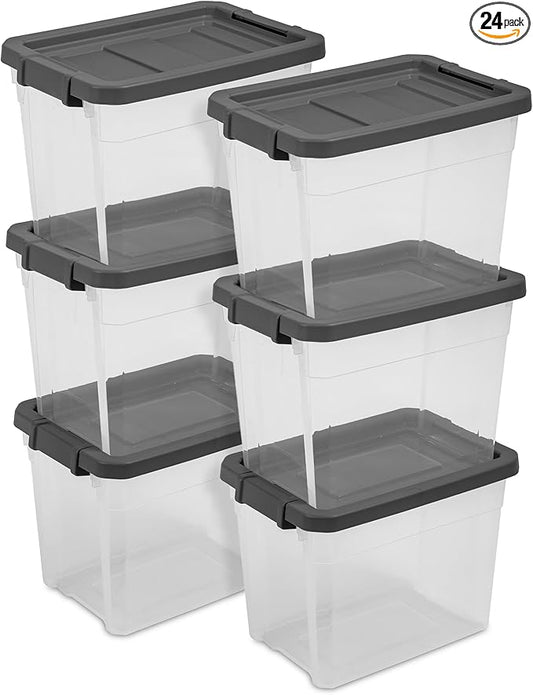 Sterilite 24-Pack Modular Stacker Box, Durable Clear Plastic Storage Bins with Latching Lids, 30 Quart - Stackable Organizing Container Boxes for Closet, Bathroom, and Office