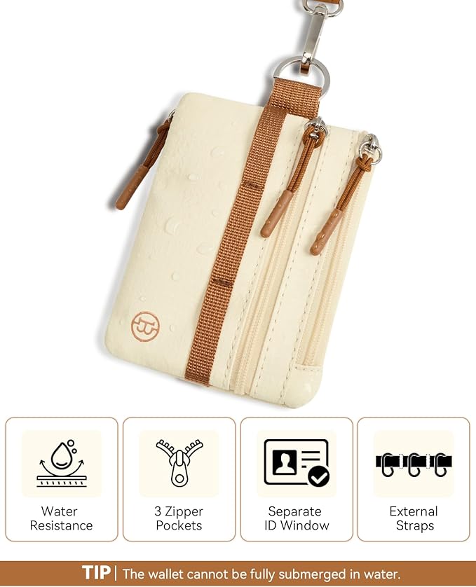 BOSTANTEN Small Wallet RFID, Minimalist Zip ID Case Wallet with Lanyard Keychain, Water Resistant Card Wallets for women & Men, Beige and Brown