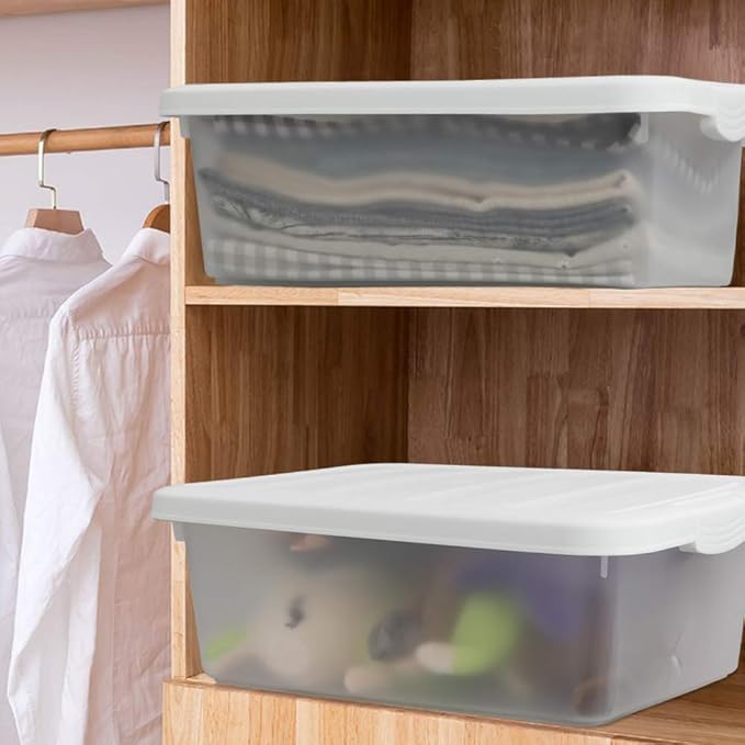 14 Quart Clear Storage Box, Underbed Plastic Latch Box with White Lids, 2-Pack
