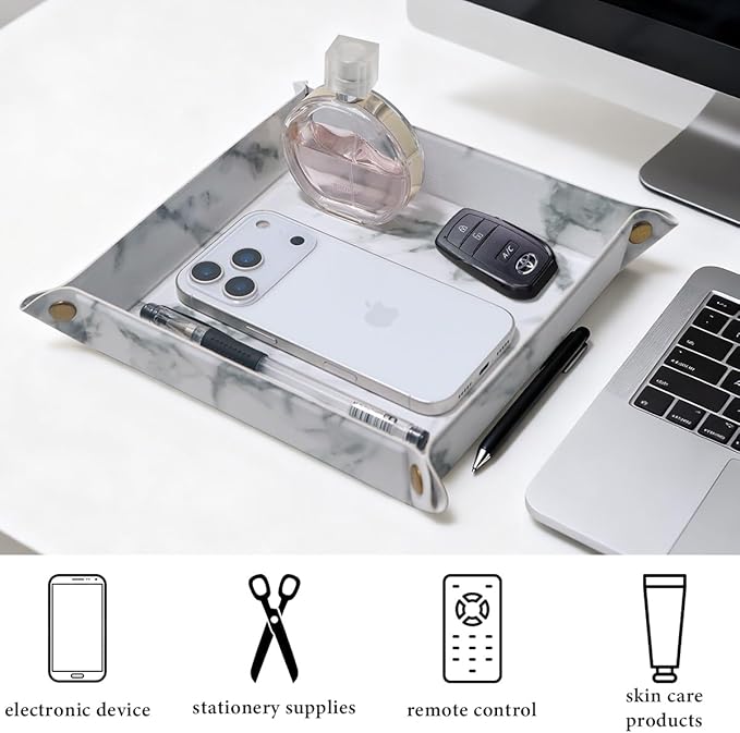 Valet Tray Desktop Storage Organizer – Premium PU Leather Catchall Bedside Vanity Tray Nightstand Caddy Holder for Remote Controller, Keys, Phone, Wallet, Coin, Jewelry,Marble White