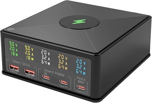 160W Desktop Charging Station 6-in-1: USB-C PD 65W Laptop Charger, QC 3.0, Qi Wireless Pad, Per-Port Digital Display On/Off ??for MacBook, iPhone, Samsung, Pixel
