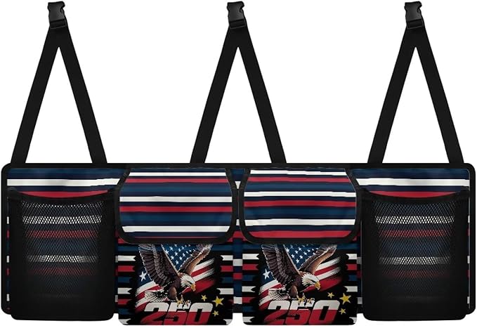Eagle Flag Hanging Car Organizer Backseat Hanging Storage Bag with 4 Pockets & 3 Adjustable Straps Large Capacity Cars Trunk Organizer Suitable for Most Cars,SUV,Sedan