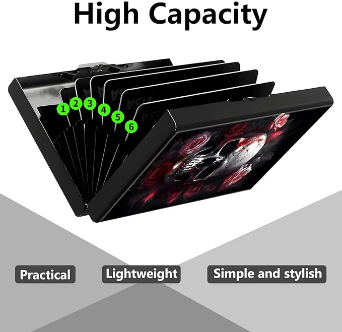 Credit Card Holder, Skull Rose Flower Design Mini RFID Blocking Aluminum Wallet Slim Metal Hard Case Shell Travel Wallet ID Case Small Credit Cards Case Business Cards for Women Men Girls