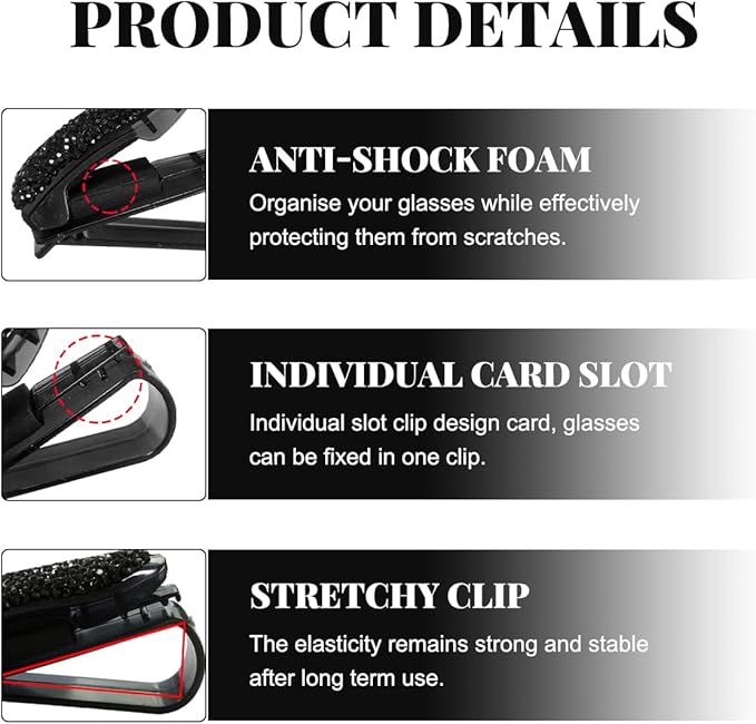 Wevdn 2 PCS Car Sun Visor Glasses Holder, Fashion Bling Car Eyeglasses Sunglasses Hanger for Women Girls, Glasses Holder Clip Hanger Mount with Ticket Card Clip, Car Accessories (Black)