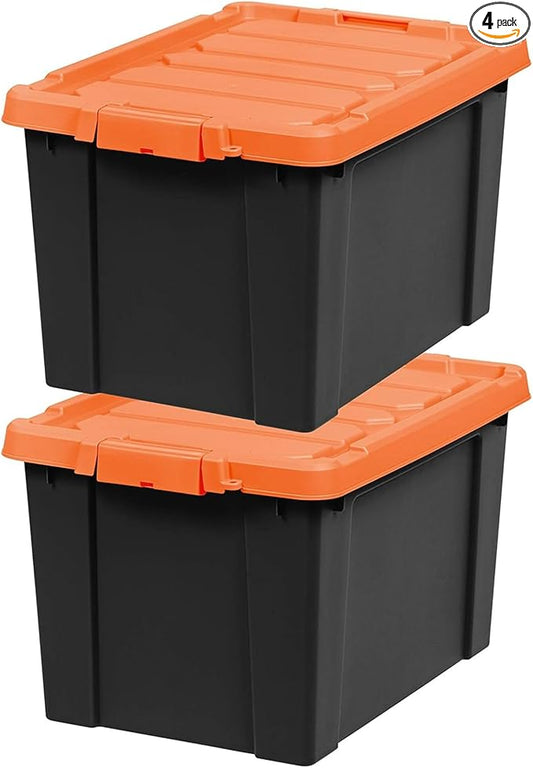 IRIS USA 20 Gallon Lockable Storage Bins with Lids, 4 Pack - Made in USA, Heavy Duty, Stackable Containers, Garage Organizing Bins Moving Tubs, Rugged Sturdy Equipment Utility Box - Black/Orange