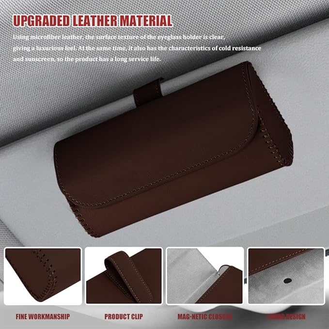 Sunglasses Holder for Car Sun Visor, Leather Auto Eyeglasses Storage Case with Hidden Magnetic Closure, Universal Protective Glasses Organizer Box, Visor Accessories for Woman Man (Brown)