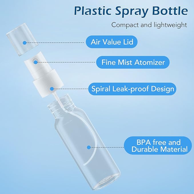 Zoizocp Spray Bottles, 2.7oz/80ml Clear Empty Fine Mist Plastic Mini Travel Bottle Set, Small Refillable Liquid Containers with 2pcs Funnels and 24pcs Labels (6 Pack)