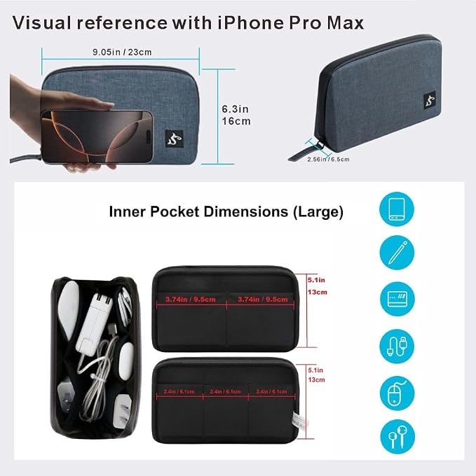 simtoper Electronic Organizer Travel Case – Waterproof Cable Bag for Cord, Charger, Hard Disk, Power Bank – Small Tech Storage for Travel, Backpack, Business Trip, Airplane