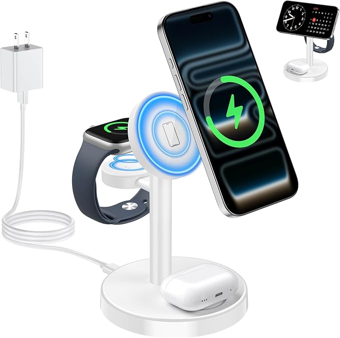 2026 3 in 1 Wireless Charging Station Compatible with MagSafe, 15W Fast Magnetic Mag-Safe Charger Stand for Apple iPhone 17 16 15 14 13 12 Series iWatch AirPods Pro 4 3 2, White