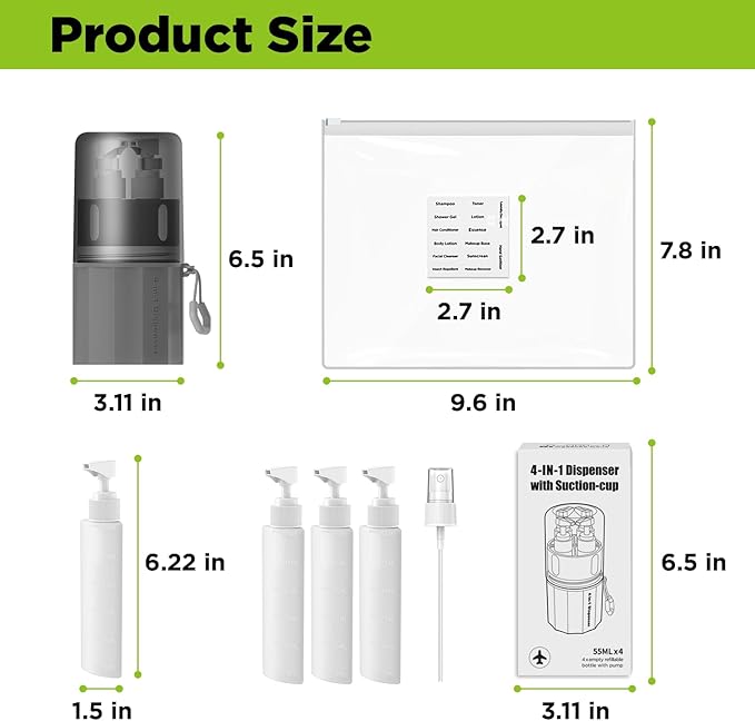 4 in 1 Travel Dispenser Bottle, TSA Approved Refillable Shampoo and Conditioner Bottles Set with Suction Cup for Smooth Walls, Travel Size Toiletries Container for Body Wash/Lotion.(Pink+Grey) 2P