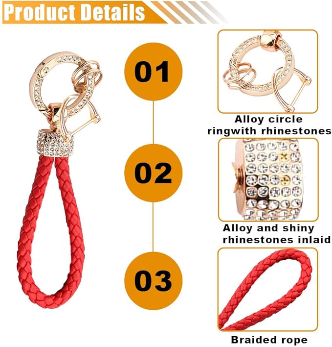 Leather Car Keychain with Bling Rhinestones, Snap Swivel Key Ring, Key Tag Car Key Fob Holder, Key Organizer for Men Women, Anti-Lost D-Ring (Red)