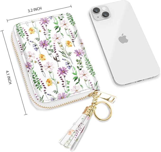 Coco Rossi Leather Credit Card Wallet for Women, RFID Blocking Zipper Cards Holder with Tassel, White Daisy