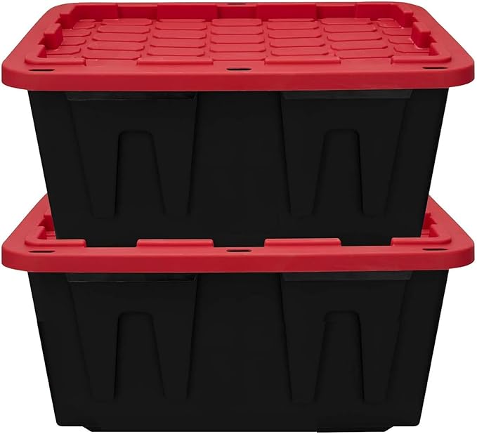 27 Gal Industrial Tote,2 Pack Plastic Storage Bins with Lids Tough Large Storage Bin,Black with Red Lid Plastic Storage,Stackable & Nestable for Garage, Basement, or Outdoor (2 Pack)