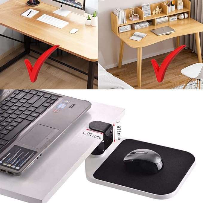 FUZADEL Mouse Platform Clamp On Under Desk Adjustable Mouse Tray Mount Swivel Desktop Shelf Wrist Rest Rotating 360 Degree