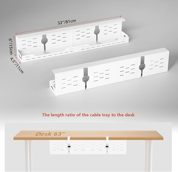 Univivi Under Desk Cable Management Tray - 32" Steel Cord Organizer, No-Drill C-Clamp & Screw Mount for Office/Home, Effortless Wire Management (White)