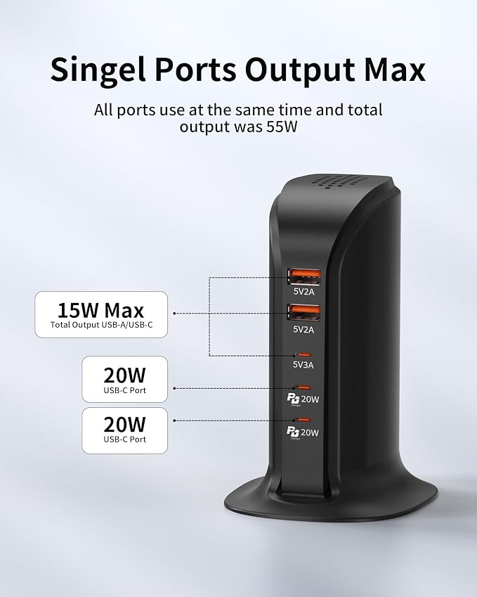 Charging Station for Multiple Devices: 5 USB Ports Wall Charger Block with Extension Cord, PD 20W Fast Charging Hub Charger Tower for iPhone iPad Tablets Smartphones, Home Office Use (Black)