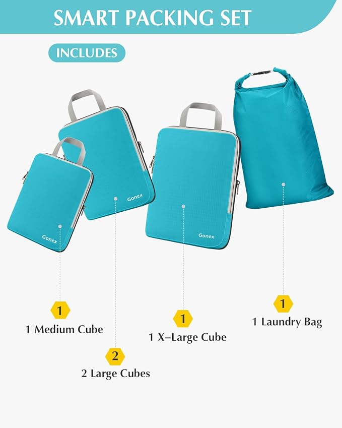 Gonex Compression Packing Cubes, 5pcs Expandable Storage Travel Luggage Bags Organizers with Laundry Bag (Blue)
