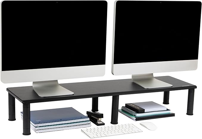 Mind Reader Dual Monitor Stand, Height Adjustable, Desktop Organizer, Laptop Riser, Office, 38.5"L x 11"W x 2.55-6.5"H, Black