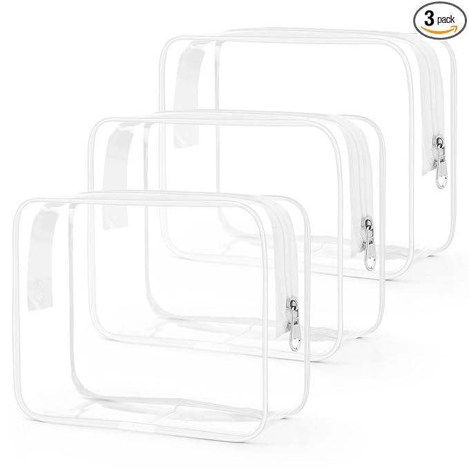 Wedama Clear Toiletry Bag, Cosmetic Bags 3 Pack with Zipper Carry on Airline Airport Travel Accessories, PVC Makeup Bags for Travel, Clear Travel Bags for Women and Men-White