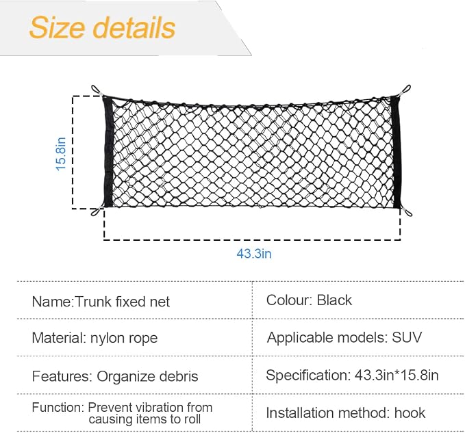 Osilly Car Rear Cargo Net, Double-Layer Adjustable Stretchable Elastic Storage Organizer Net, Trunk Cargo Storage Mesh Net with Hooks, Car Interior Accessories Fit for Vehicle, Trucks, SUV (Large)