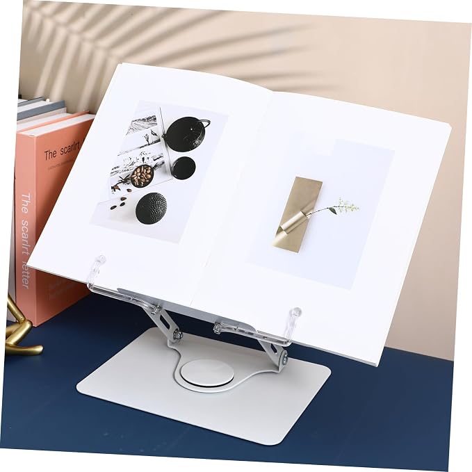 NUOBESTY Adjustable Height Clear Book Stand for Reading Rotating Desktop Holder for Textbooks Laptops and Tablets Ergonomic Design Page Clips and Construction