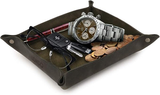 Londo Genuine Leather Tray Organizer - Practical Lightweight Water Resistant Computer Table Desk Storage Box for Wallets, Watches, Keys, Coins, Cell Phones and Office Equipment