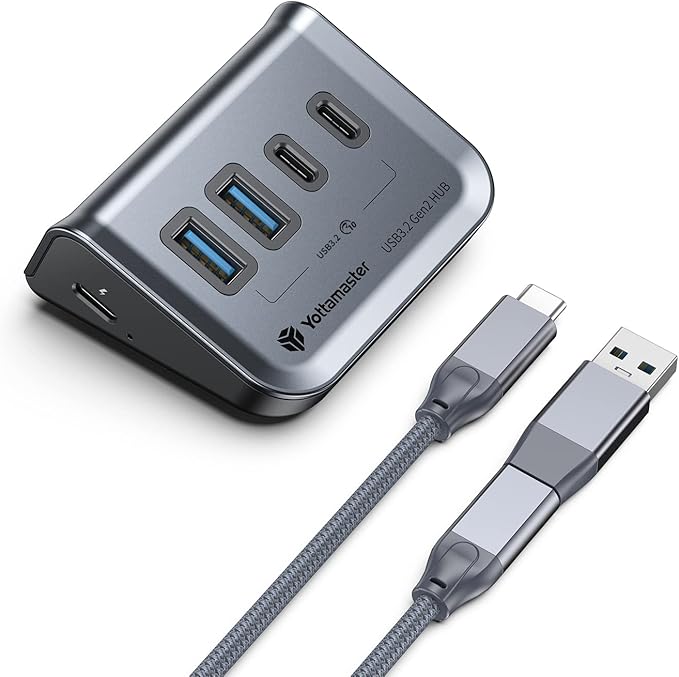 Yottamaster 4-in-1 USB C Hub, 10Gbps USB 3.2 Gen 2 Desktop Hub with 2 USB-A& 2 USB-C Data Ports, 2-in-1 USB-C/A Cable, Angled USB Splitter for PC, Laptop, Mac mini, MacBook, iMac(Not Support Charging)