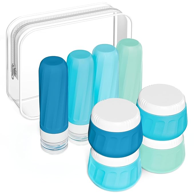 Mrsdry Travel Size Toiletries 8 Pack, TSA Approved 3oz Silicone Squeeze Bottles & Cream Jars with Clear Travel Bag