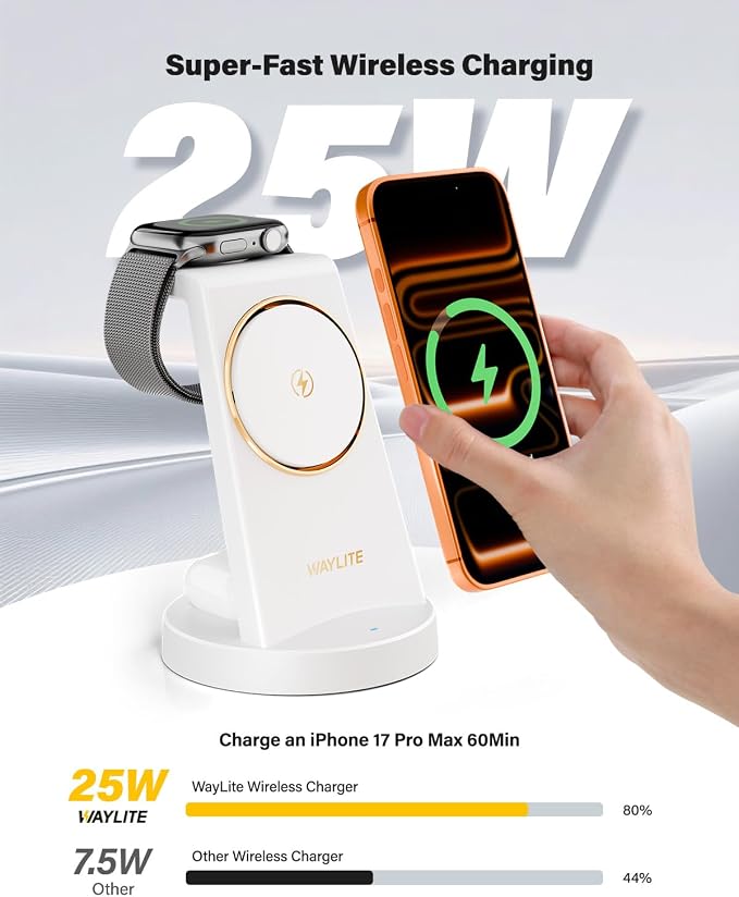 3 in 1 Fast Charging Station for iPhone, 25W Wireless Magnetic Phone Charger for iPhone 17 16e 16 15 14 13 12 Serise, Watch Charger Stand, Wireless Charging Station for AirPods 4 3 Pro, White