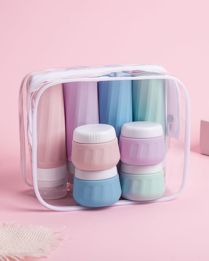 Mrsdry Travel Bottles for Toiletries 8 Pack, Travel Size Toiletries, Tsa Approved Travel Size Containers 3oz, with Travel Essentials Clear Bag, Leak Proof Silicone Squeezable Creams Jars
