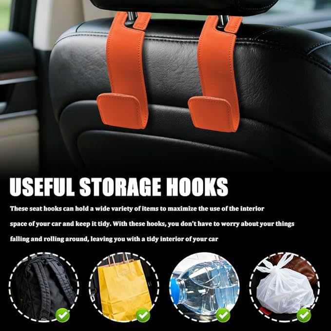2PCS Car Seat Headrest Hooks, Purse Hook for Car, Automotive Headrest Handbags Holder, Auto Accessories Leather Seatback Organizer Hanger for Hanging Purses Bags Coats (Orange, 1PCS)