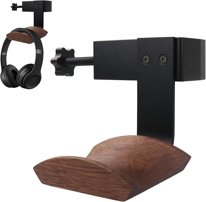 Headphone Holder Walnut Wood & Solid Metal Headset Hanger Stand for Desk Adjustable Design Ideal Headphone Stand for All Headphone Sizes